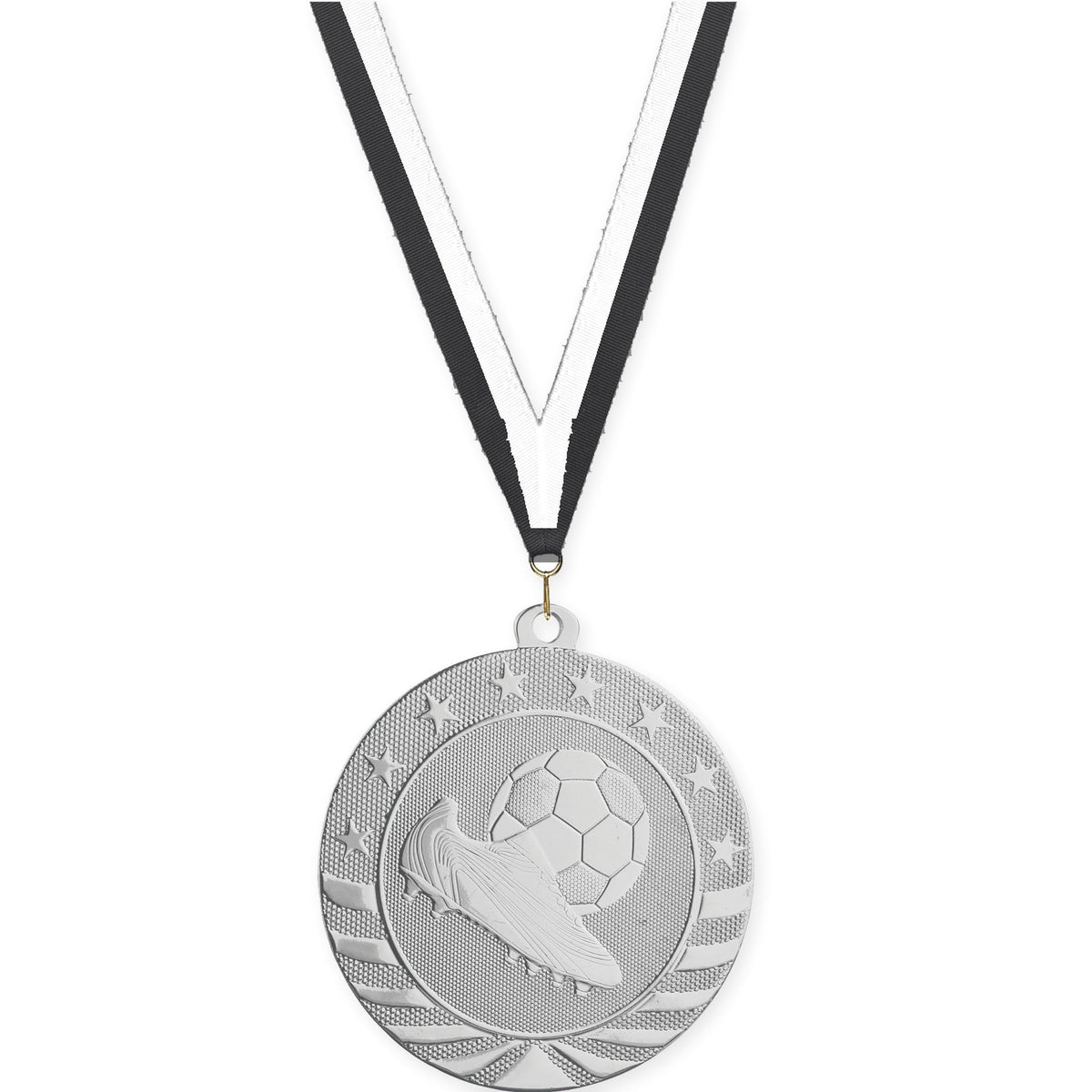 2 3/4 inch soccer Starbrite medal in bright silver with Black White neck ribbon