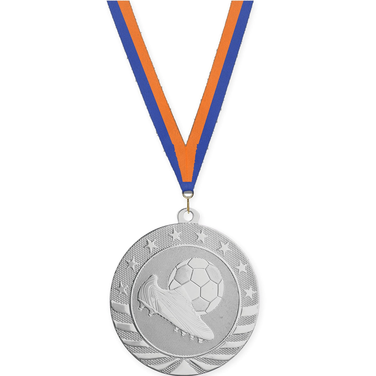 2 3/4 inch soccer Starbrite medal in bright silver with Blue Orange neck ribbon