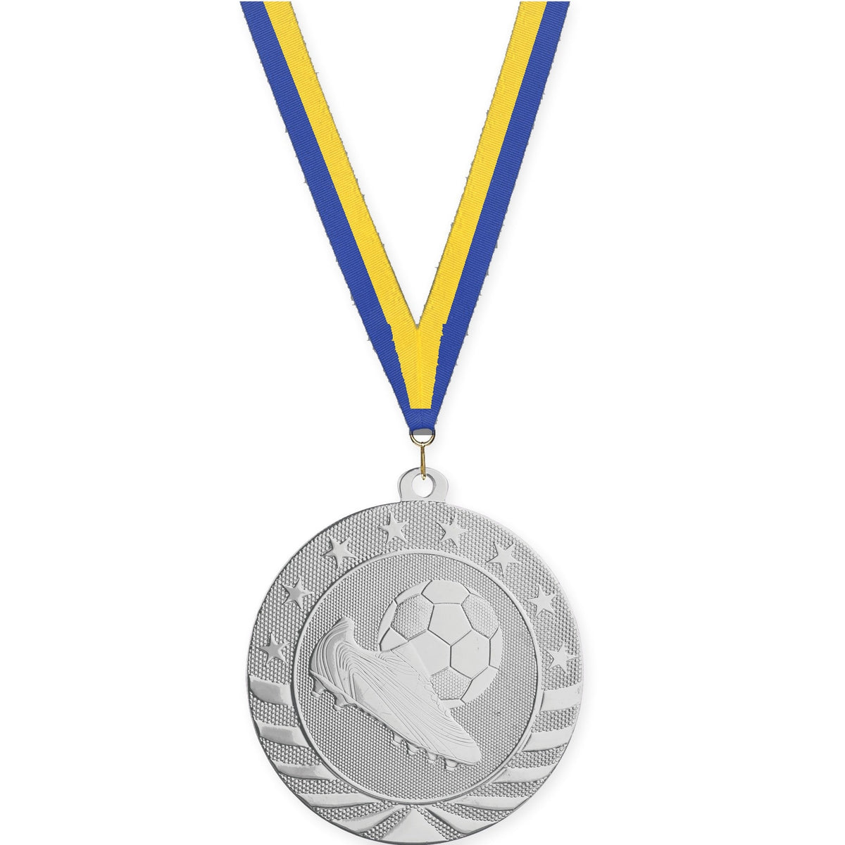 2 3/4 inch soccer Starbrite medal in bright silver with Blue Yellow neck ribbon