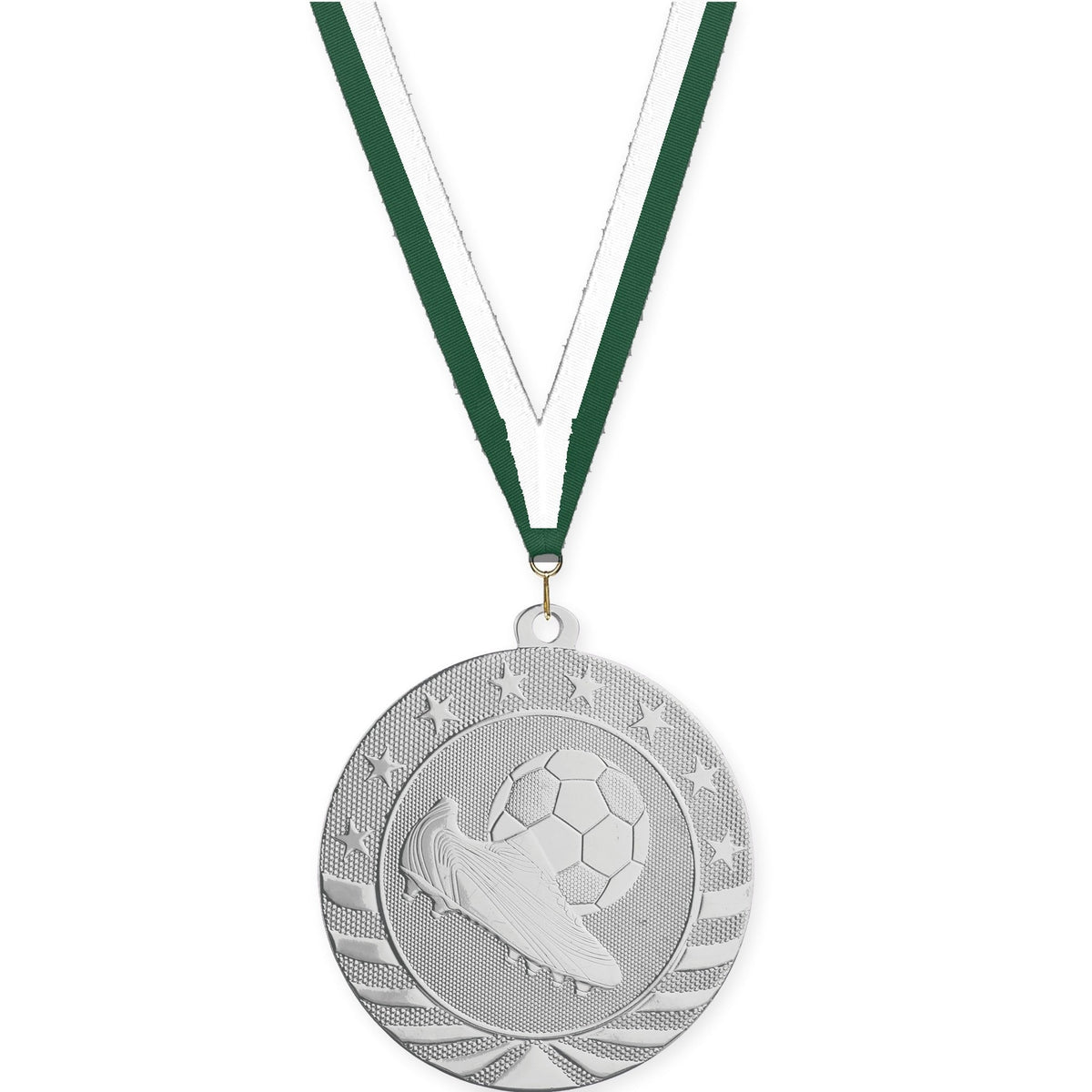2 3/4 inch soccer Starbrite medal in bright silver with Hunter Green White neck ribbon