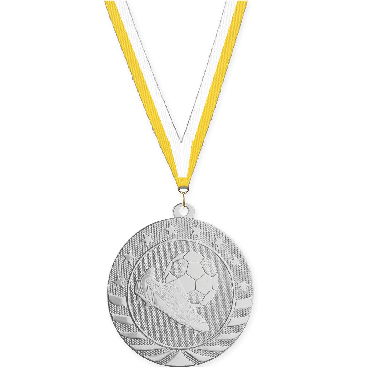 2 3/4 inch soccer Starbrite medal in bright silver with Yellow White neck ribbon