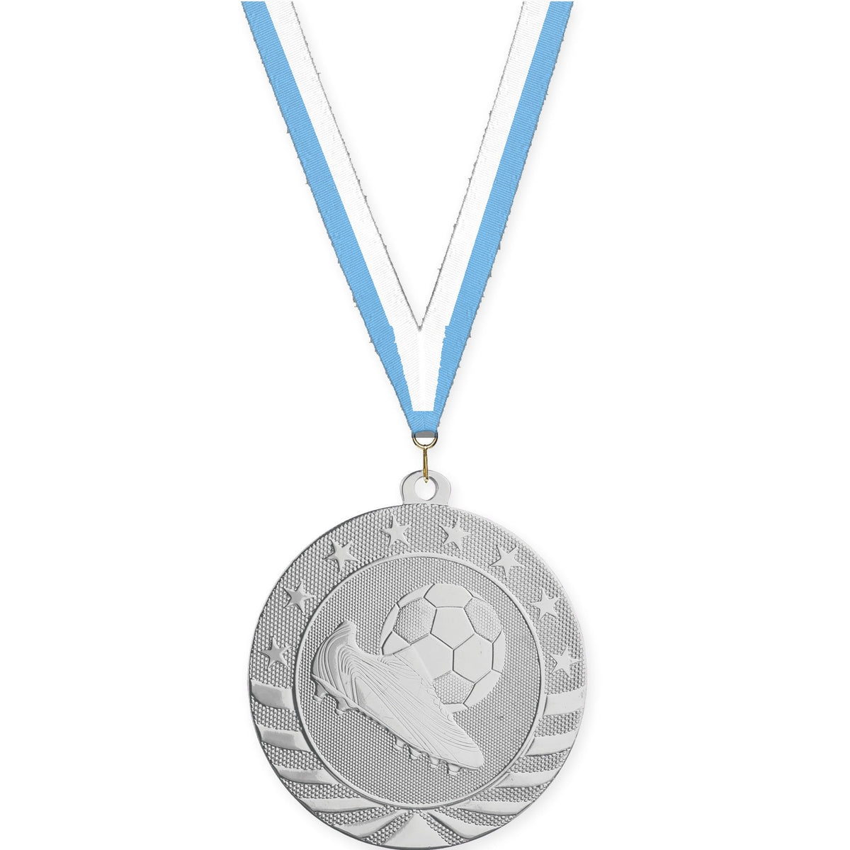 2 3/4 inch soccer Starbrite medal in bright silver with Light Blue White neck ribbon