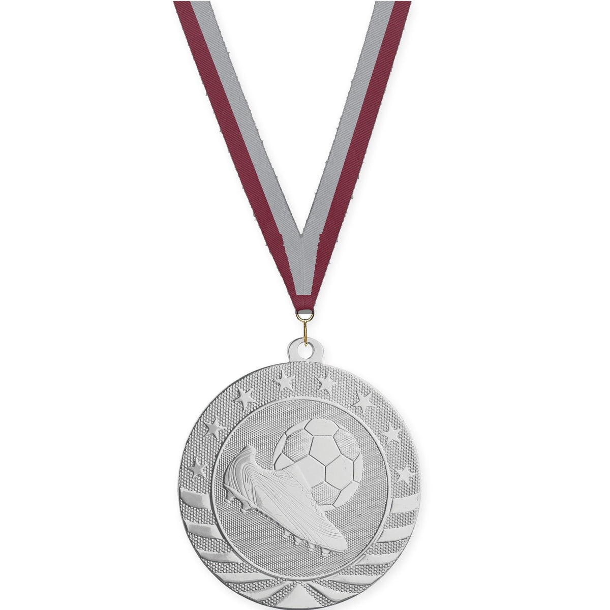 2 3/4 inch soccer Starbrite medal in bright silver with Maroon Gray neck ribbon