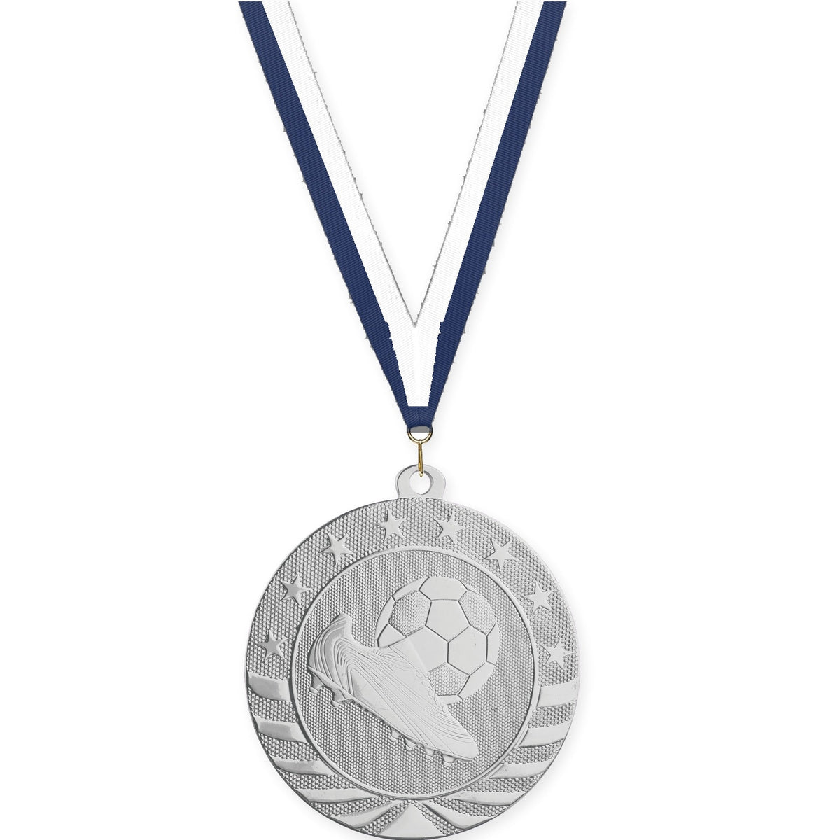 2 3/4 inch soccer Starbrite medal in bright silver with Navy White neck ribbon