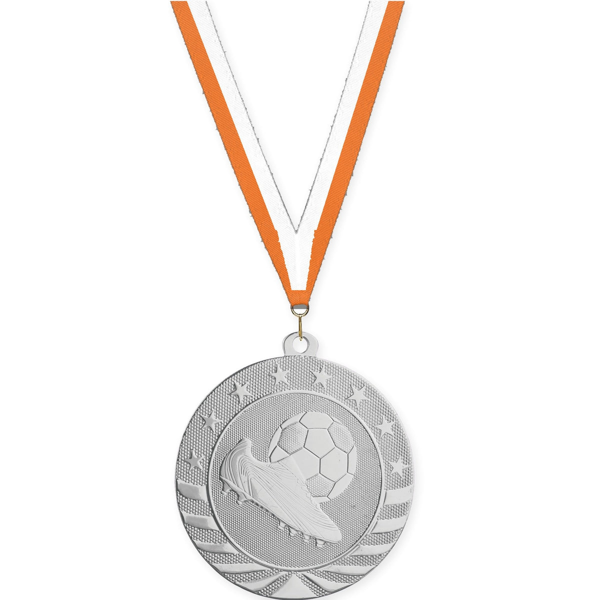 2 3/4 inch soccer Starbrite medal in bright silver with Orange White neck ribbon