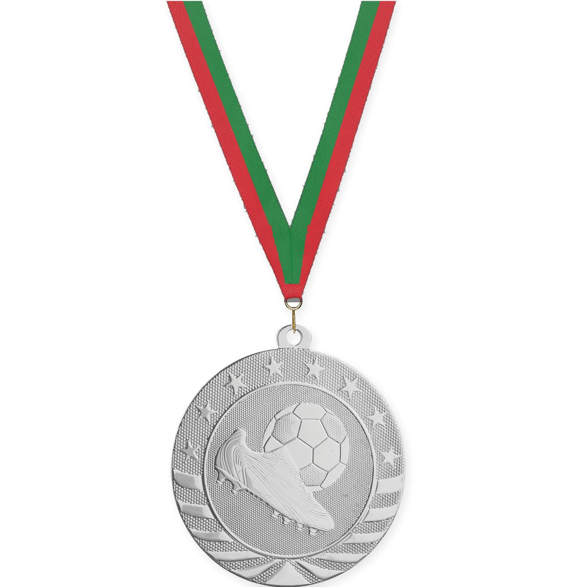 2 3/4 inch soccer Starbrite medal in bright silver with Red Green neck ribbon