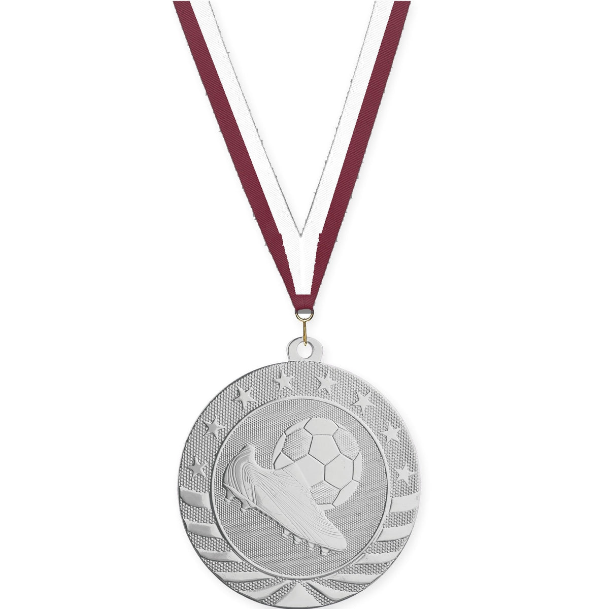 2 3/4 inch soccer Starbrite medal in bright silver with Maroon White neck ribbon