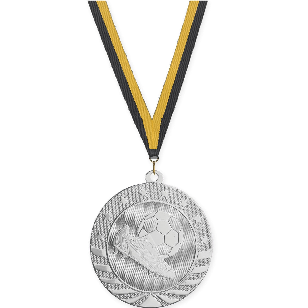 2 3/4 inch soccer Starbrite medal in bright silver with Black Gold neck ribbon