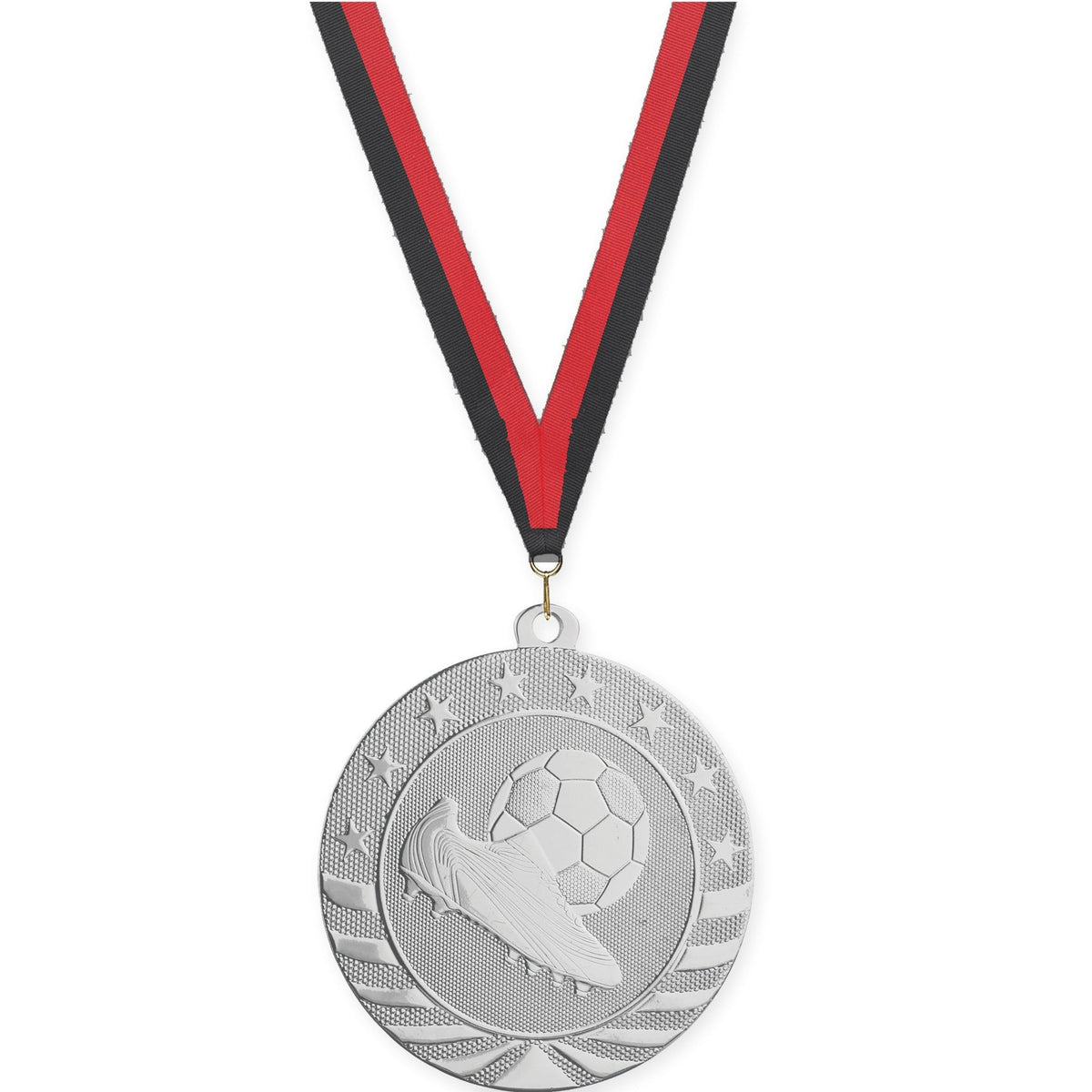 2 3/4 inch soccer Starbrite medal in bright silver with Black Red neck ribbon