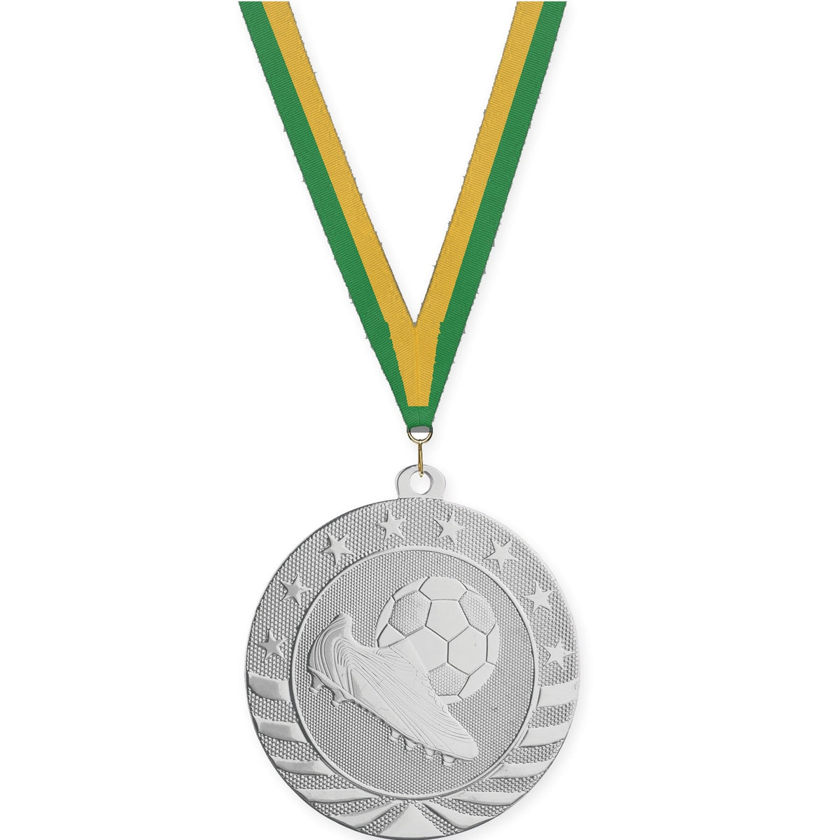 2 3/4 inch soccer Starbrite medal in bright silver with Green Gold neck ribbon