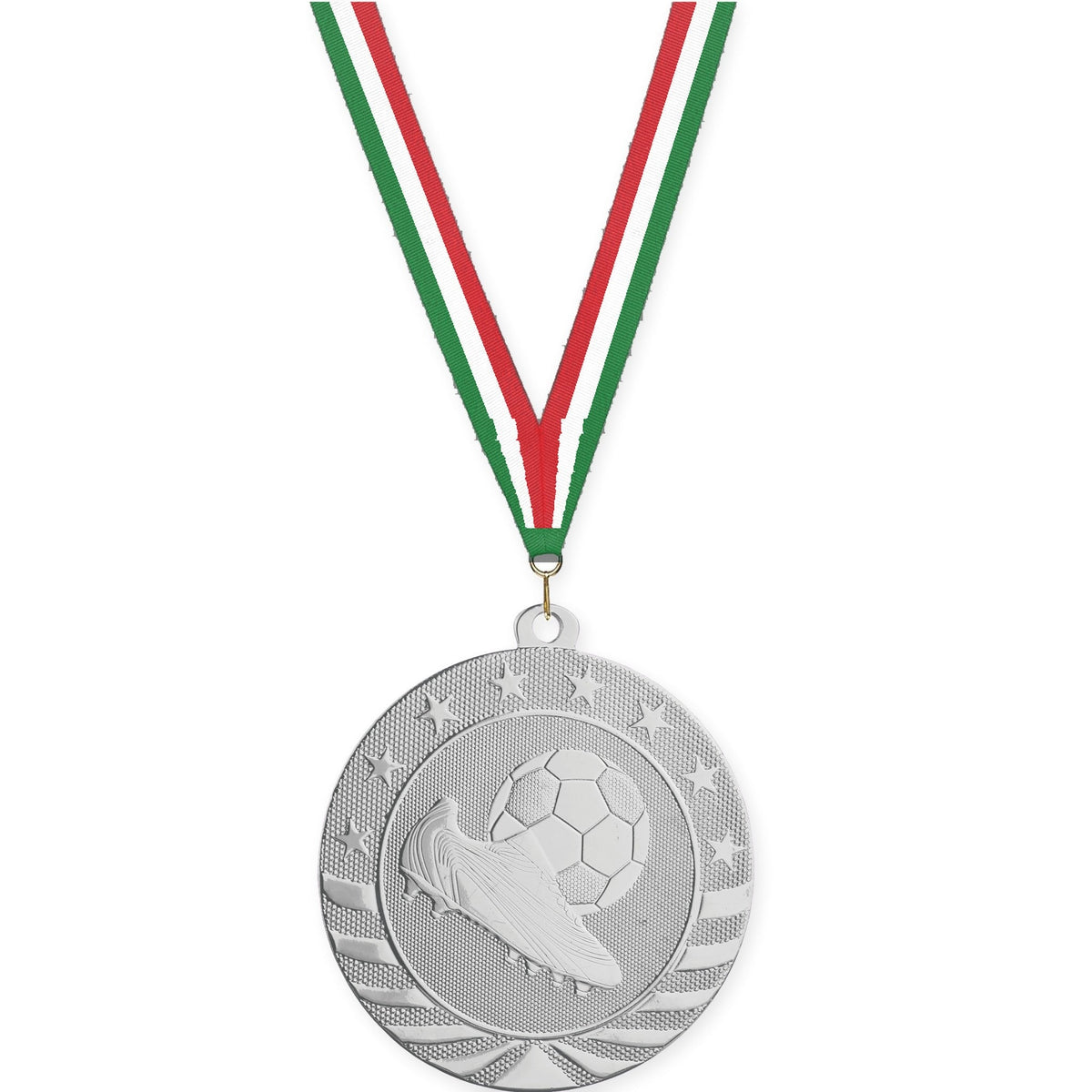 2 3/4 inch soccer Starbrite medal in bright silver with Green White Red neck ribbon