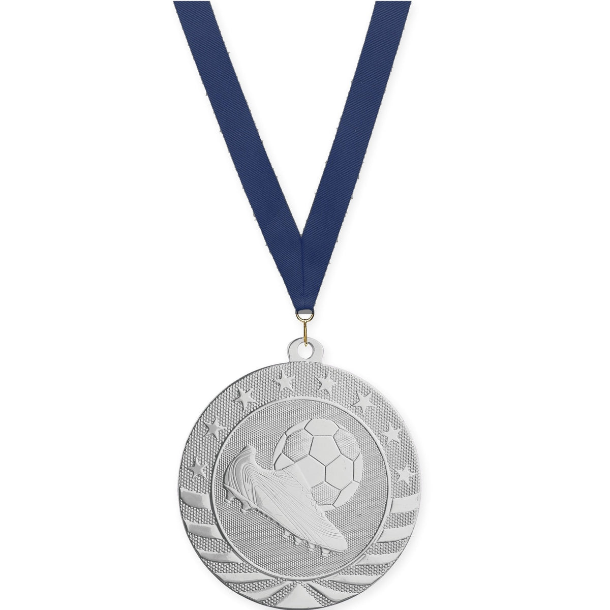 2 3/4 inch soccer Starbrite medal in bright silver with Navy neck ribbon