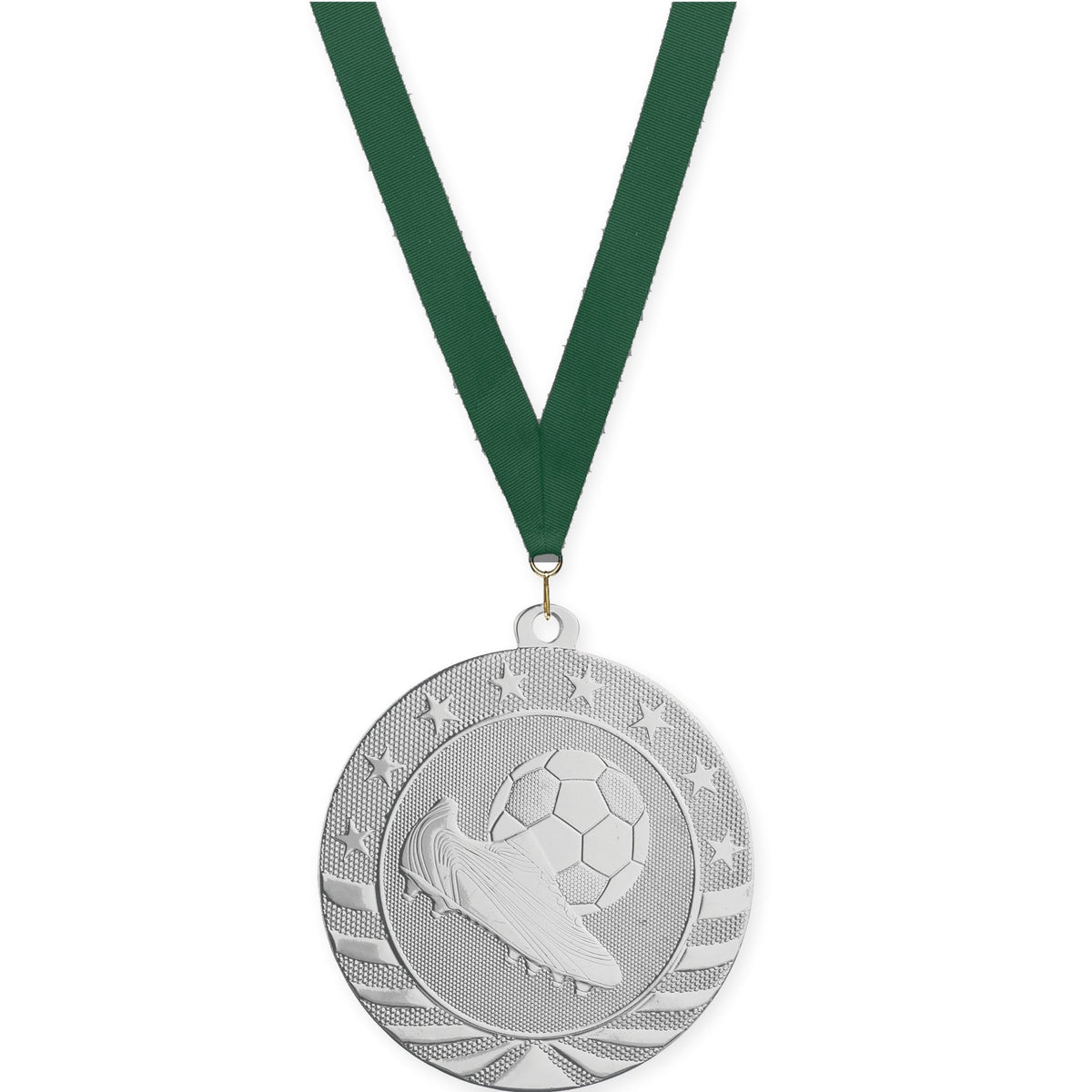2 3/4 inch soccer Starbrite medal in bright silver with Hunter Green neck ribbon