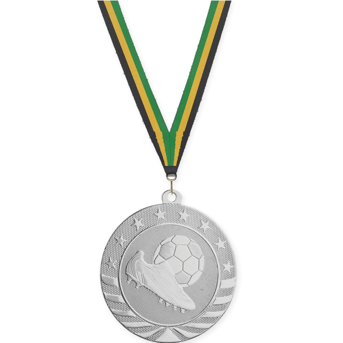 2 3/4 inch soccer Starbrite medal in bright silver with Black Gold Green neck ribbon