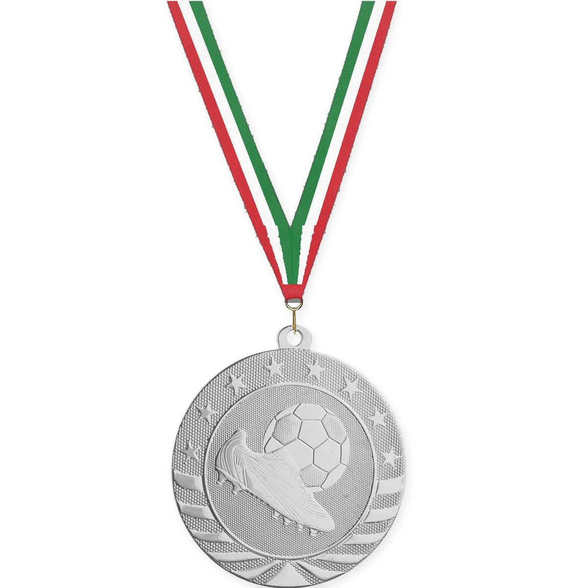 2 3/4 inch soccer Starbrite medal in bright silver with Red White Green neck ribbon