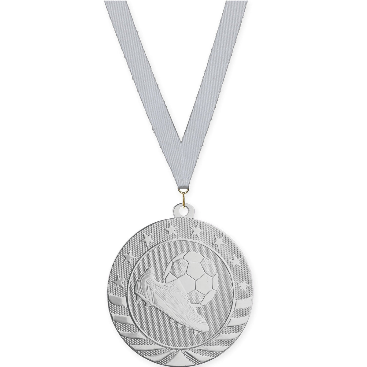 2 3/4 inch soccer Starbrite medal in bright silver with Silver Metallic neck ribbon