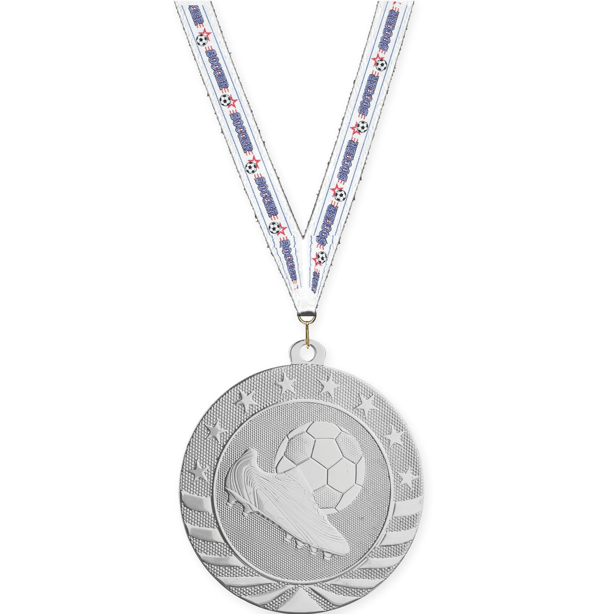 2 3/4 inch soccer Starbrite medal in bright silver with Soccer neck ribbon