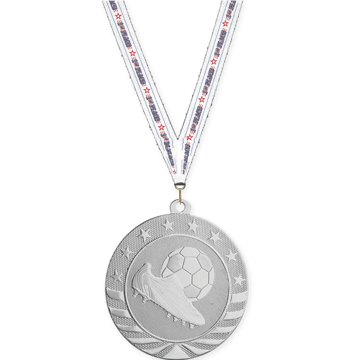 2 3/4 inch soccer Starbrite medal in bright silver with 1st Place neck ribbon