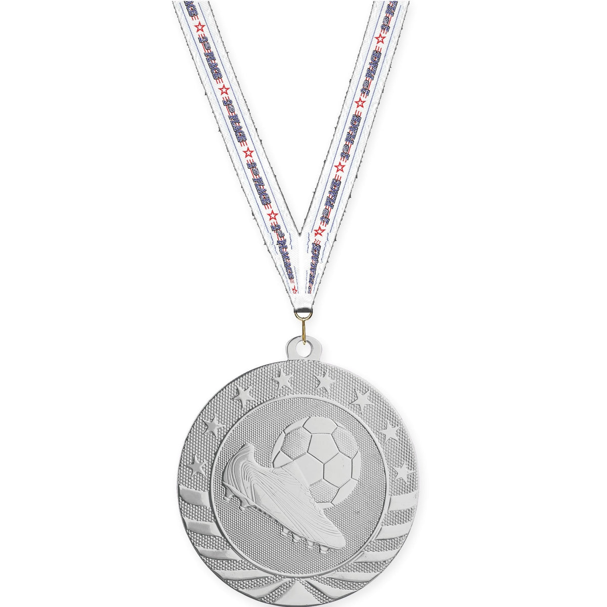 2 3/4 inch soccer Starbrite medal in bright silver with 2nd Place neck ribbon