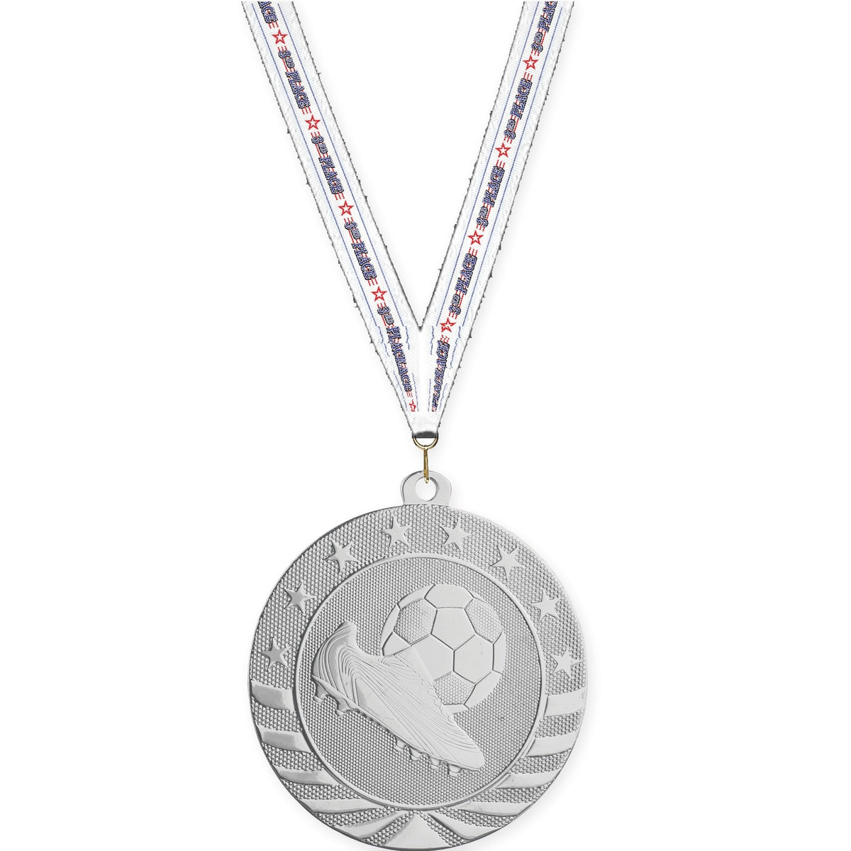 2 3/4 inch soccer Starbrite medal in bright silver with 3rd Place neck ribbon