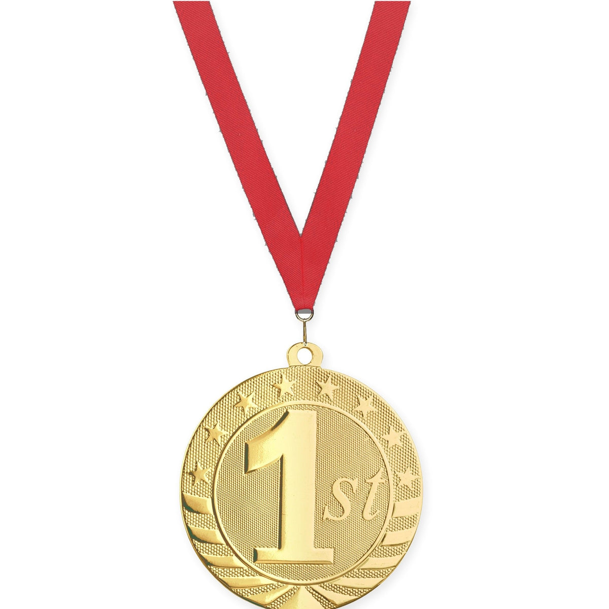 2 3/4 inch Place Starbrite medal in gold - 1st place with Red neck ribbon