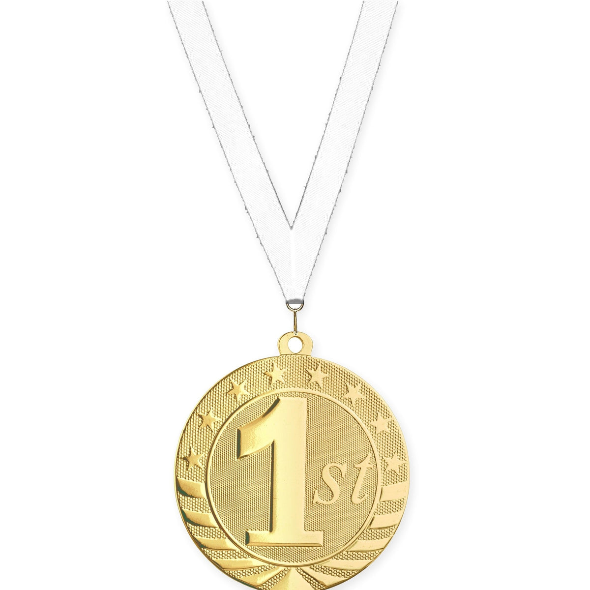 2 3/4 inch Place Starbrite medal in gold - 1st place with White neck ribbon