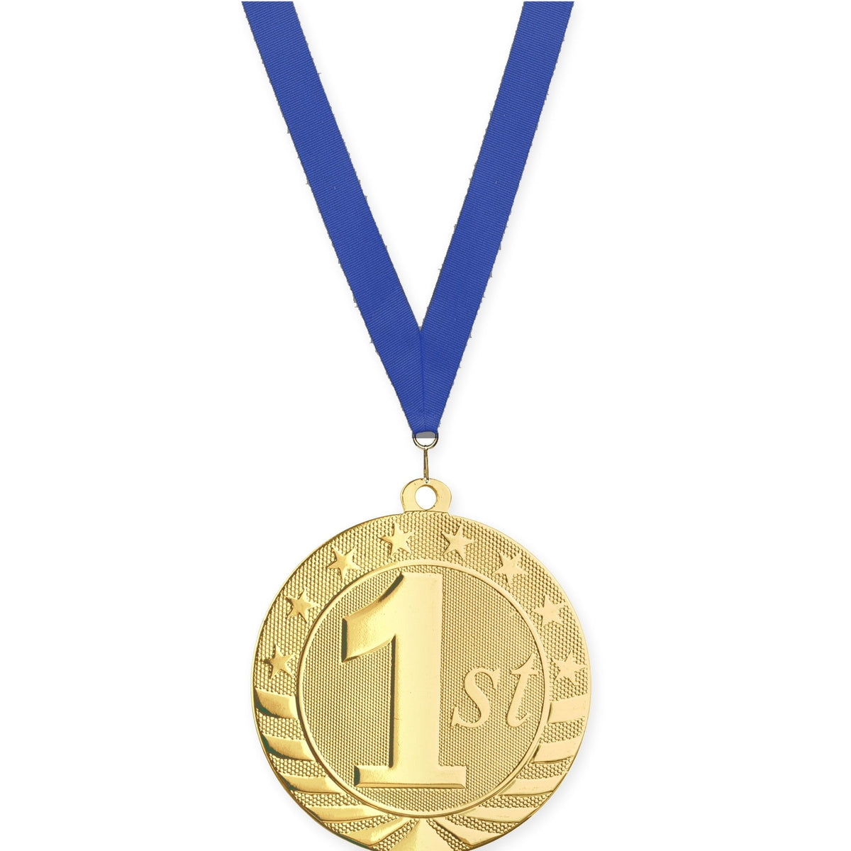 2 3/4 inch Place Starbrite medal in gold - 1st place with Blue neck ribbon