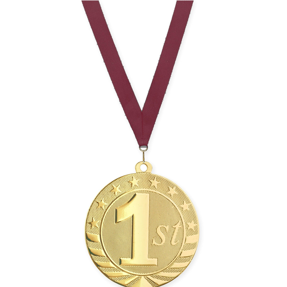 2 3/4 inch Place Starbrite medal in gold - 1st place with Maroon neck ribbon