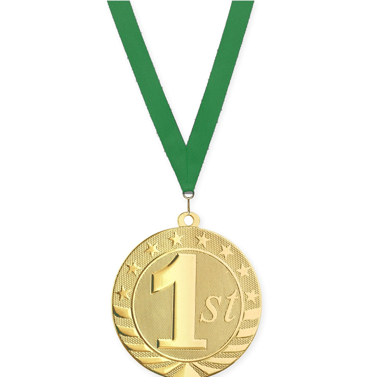 2 3/4 inch Place Starbrite medal in gold - 1st place with Green neck ribbon