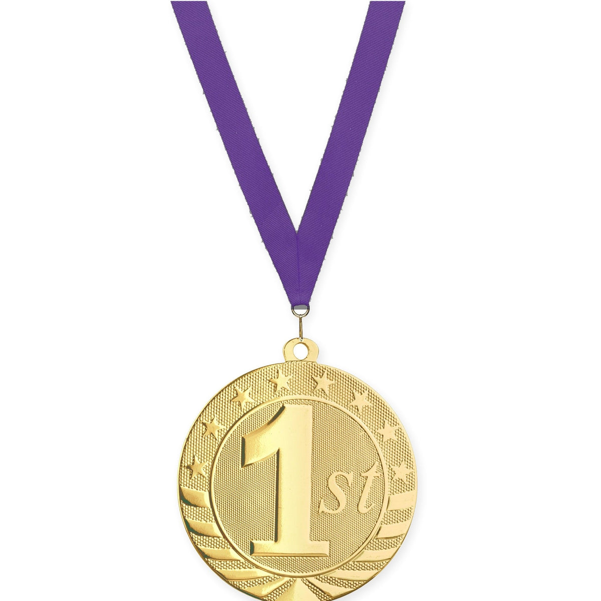 2 3/4 inch Place Starbrite medal in gold - 1st place with Purple neck ribbon