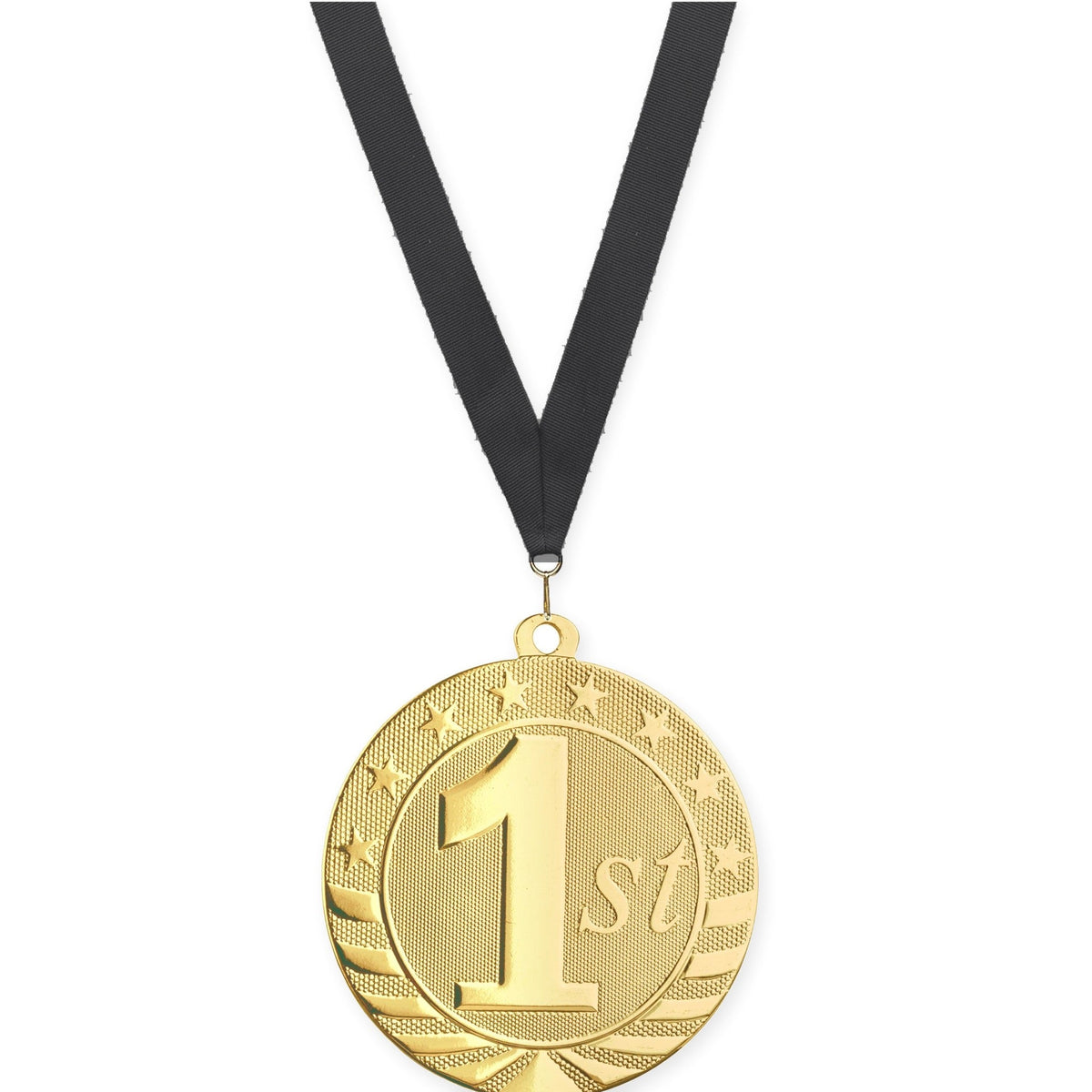 2 3/4 inch Place Starbrite medal in gold - 1st place with Black neck ribbon