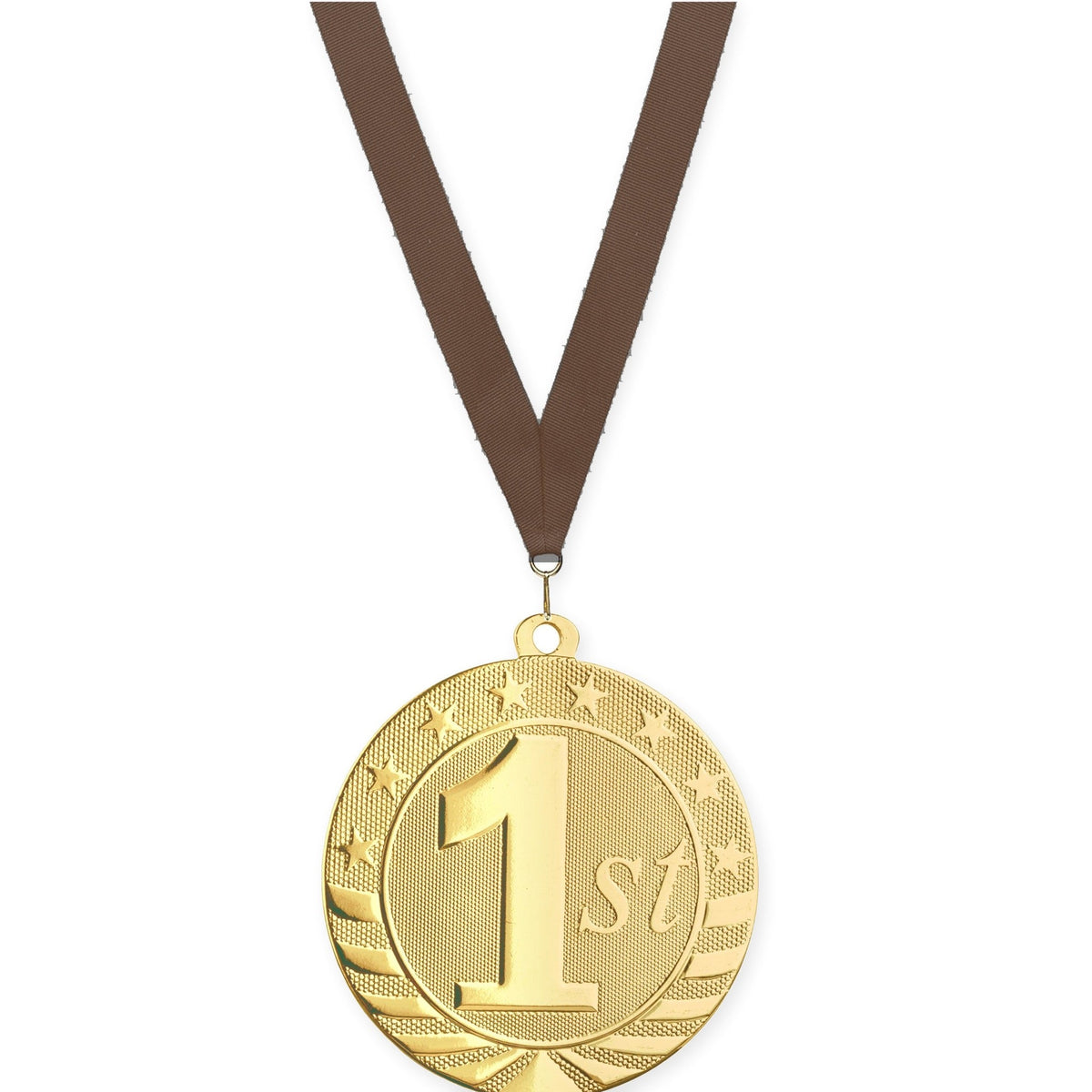 2 3/4 inch Place Starbrite medal in gold - 1st place with Brown neck ribbon