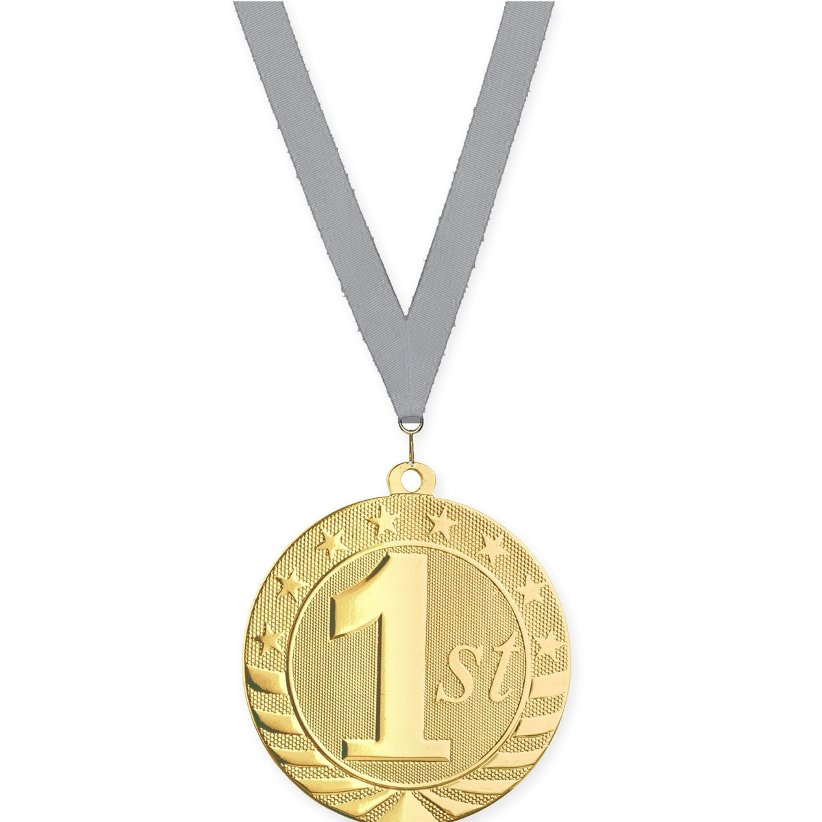 2 3/4 inch Place Starbrite medal in gold - 1st place with Gray neck ribbon