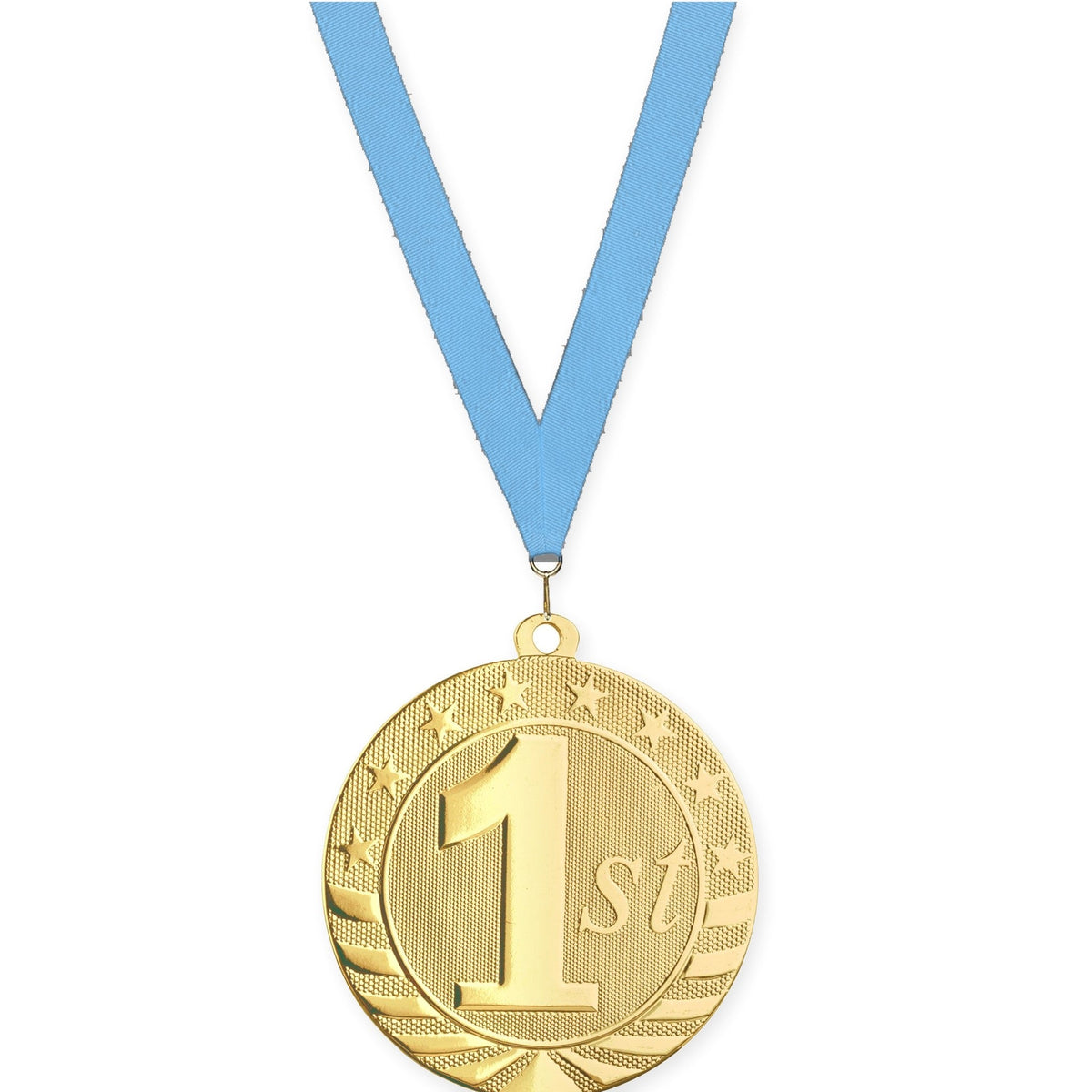 2 3/4 inch Place Starbrite medal in gold - 1st place with Light Blue neck ribbon