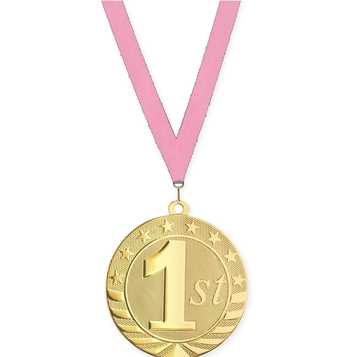 2 3/4 inch Place Starbrite medal in gold - 1st place with Pink neck ribbon