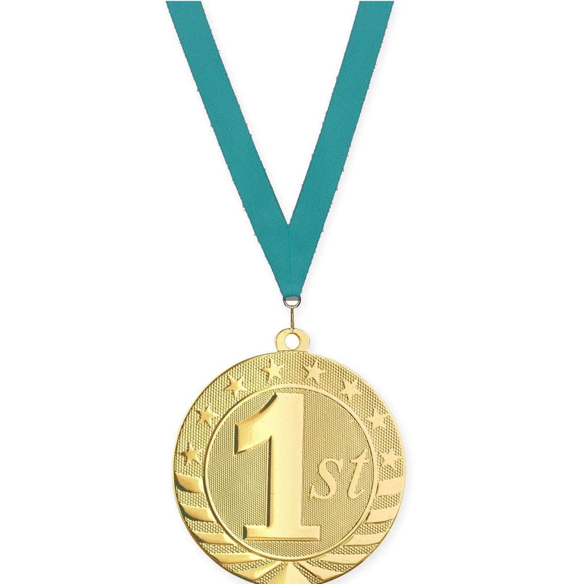2 3/4 inch Place Starbrite medal in gold - 1st place with Teal neck ribbon