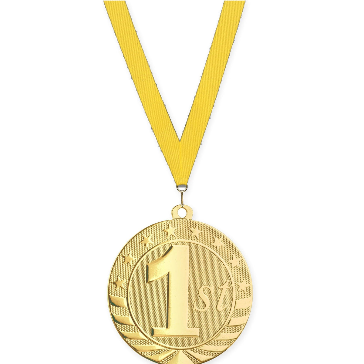 2 3/4 inch Place Starbrite medal in gold - 1st place with Yellow neck ribbon