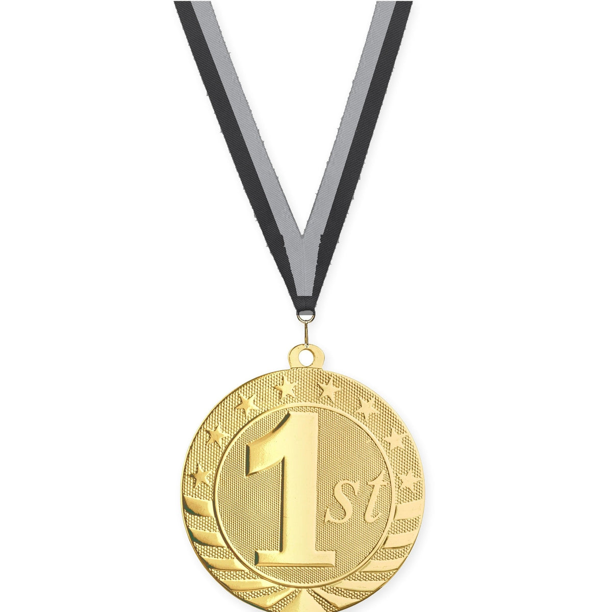 2 3/4 inch Place Starbrite medal in gold - 1st place with Black Gray neck ribbon