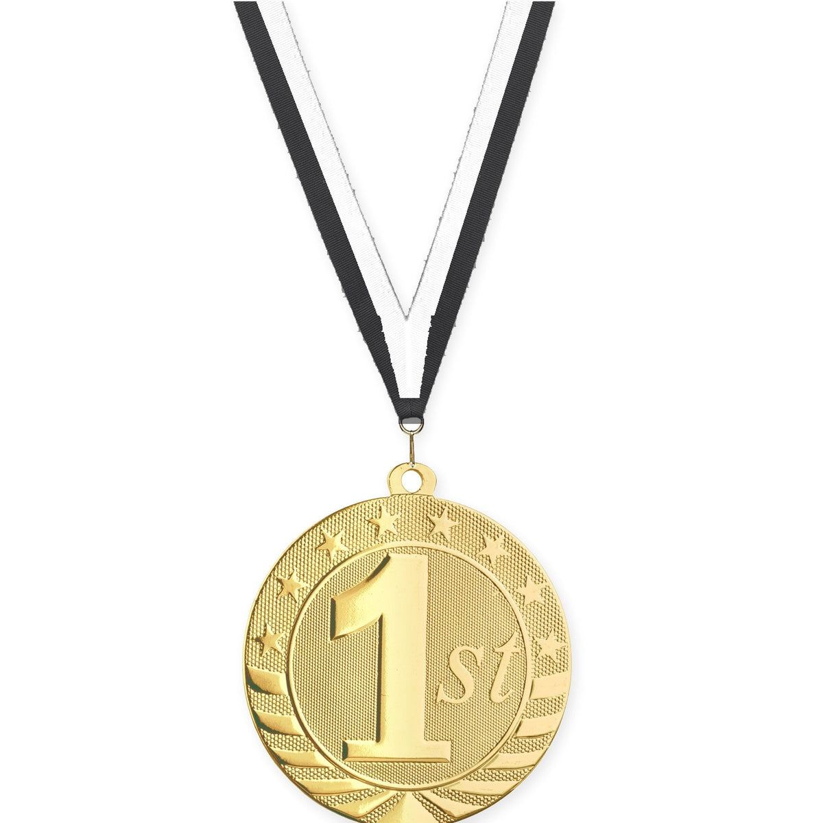 2 3/4 inch Place Starbrite medal in gold - 1st place with Black White neck ribbon