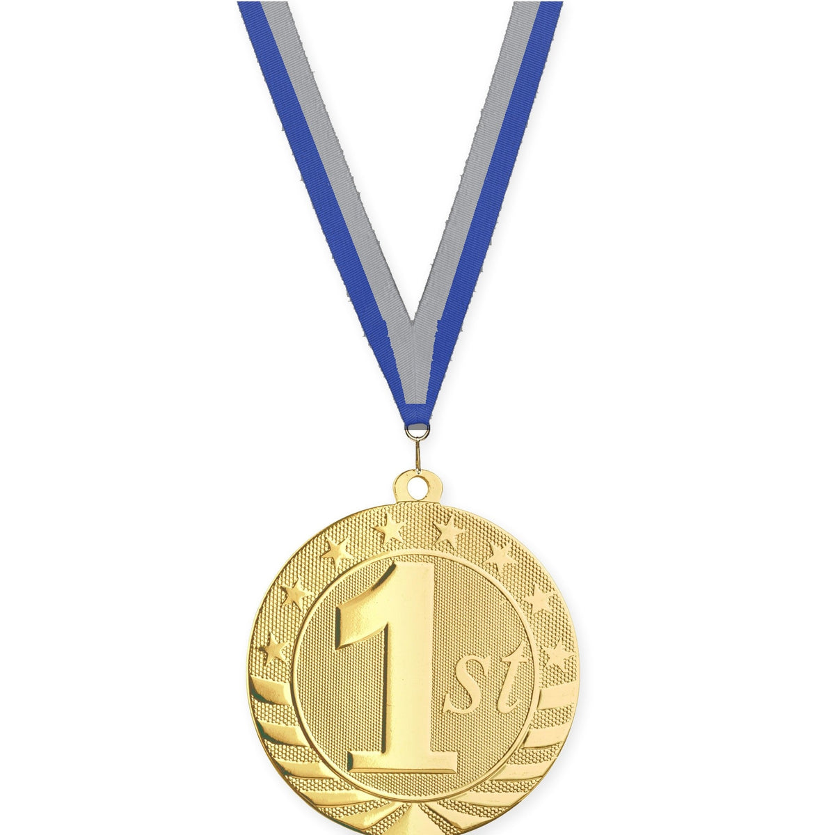 2 3/4 inch Place Starbrite medal in gold - 1st place with Blue Gray neck ribbon