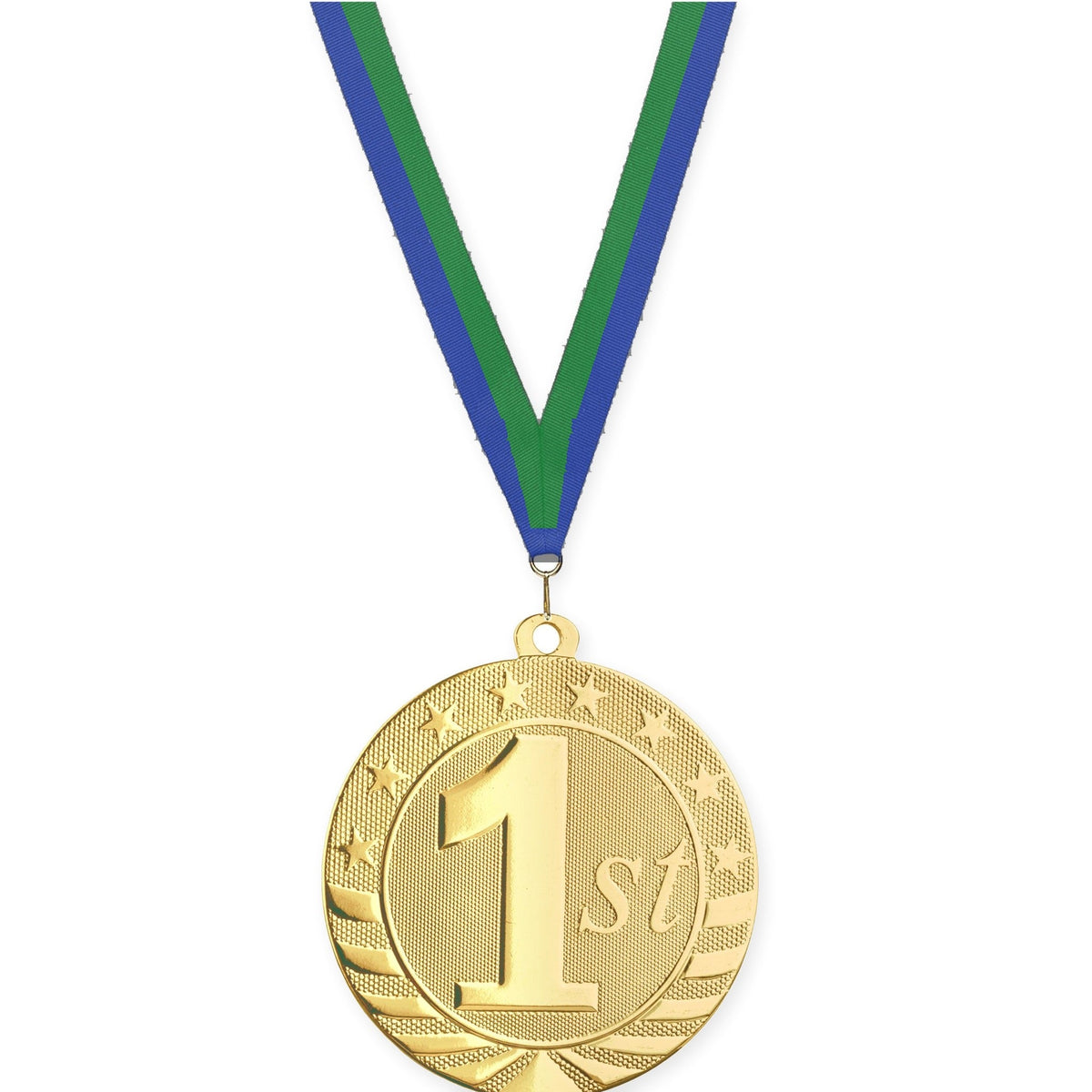 2 3/4 inch Place Starbrite medal in gold - 1st place with Blue Green neck ribbon