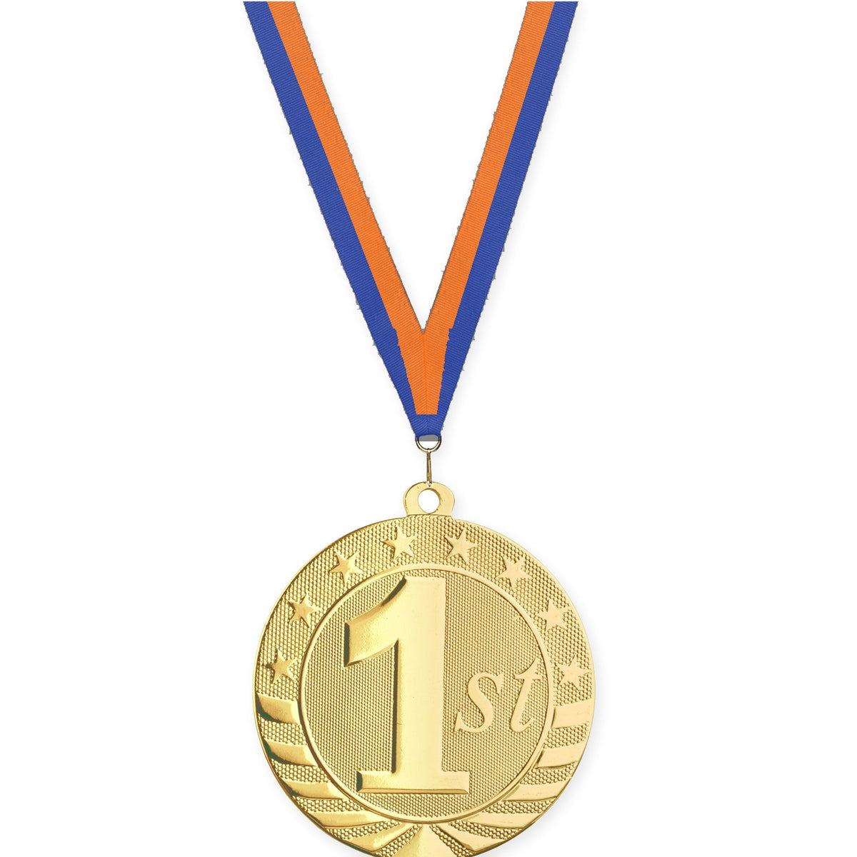 2 3/4 inch Place Starbrite medal in gold - 1st place with Blue Orange neck ribbon