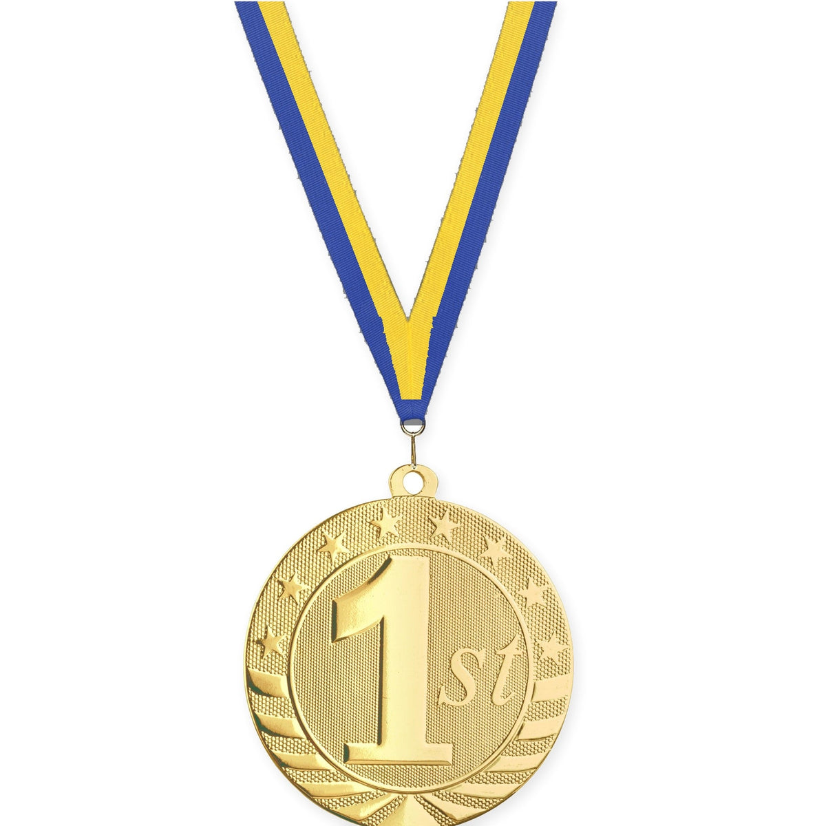 2 3/4 inch Place Starbrite medal in gold - 1st place with Blue Yellow neck ribbon