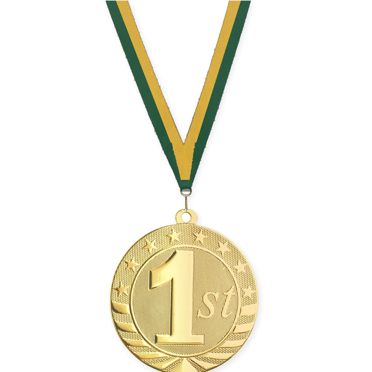 2 3/4 inch Place Starbrite medal in gold - 1st place with Hunter Green Gold neck ribbon