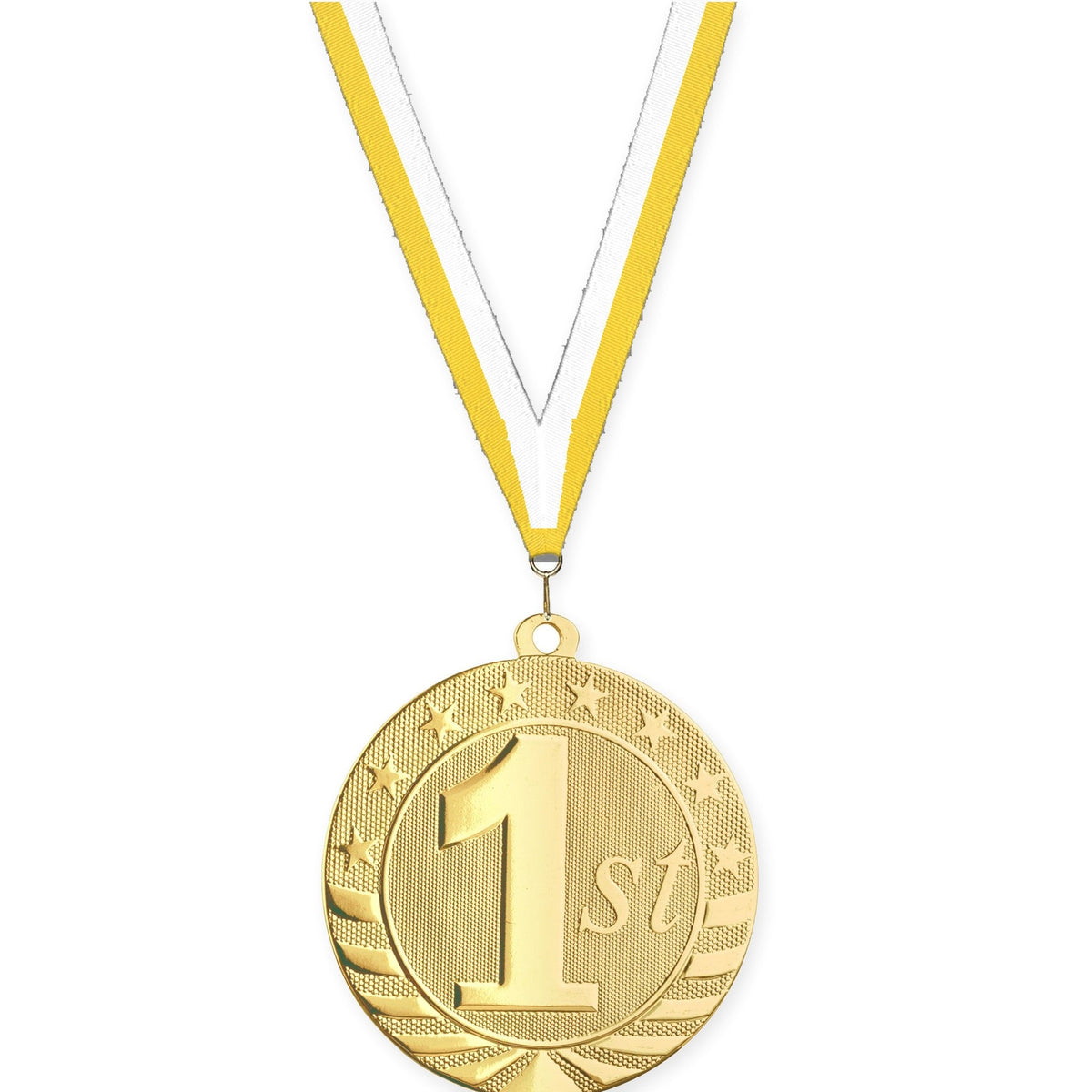 2 3/4 inch Place Starbrite medal in gold - 1st place with Yellow White neck ribbon