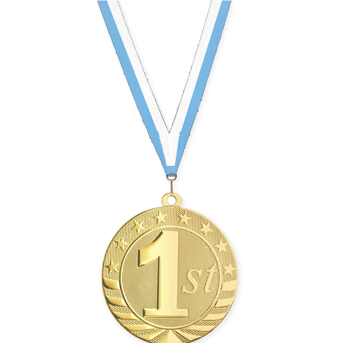 2 3/4 inch Place Starbrite medal in gold - 1st place with Light Blue White neck ribbon