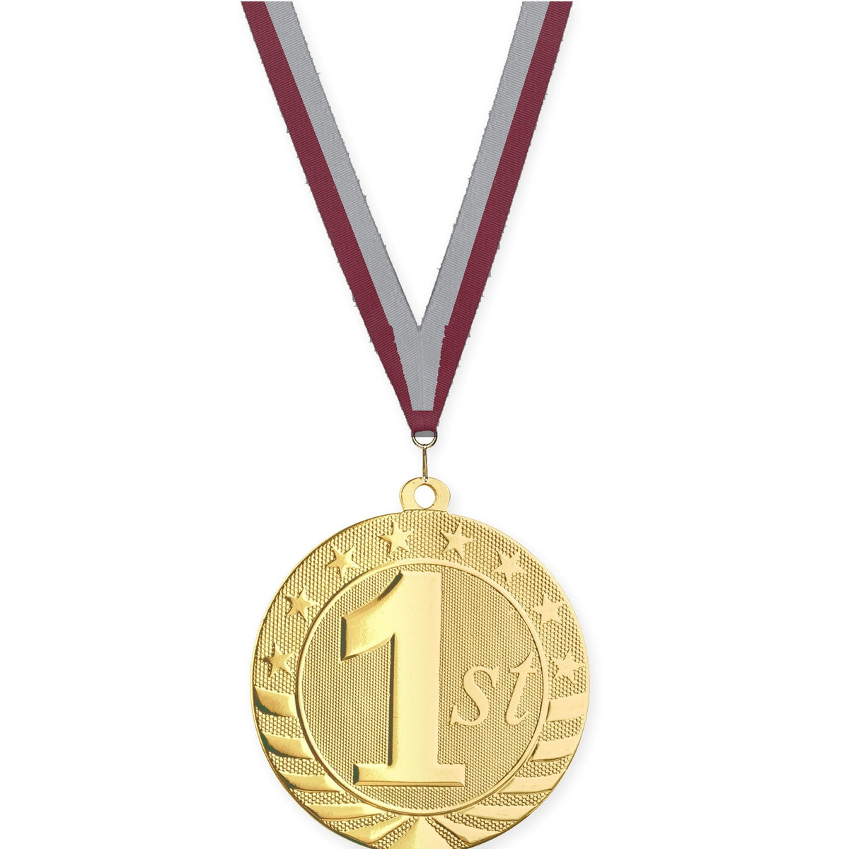 2 3/4 inch Place Starbrite medal in gold - 1st place with Maroon Gray neck ribbon