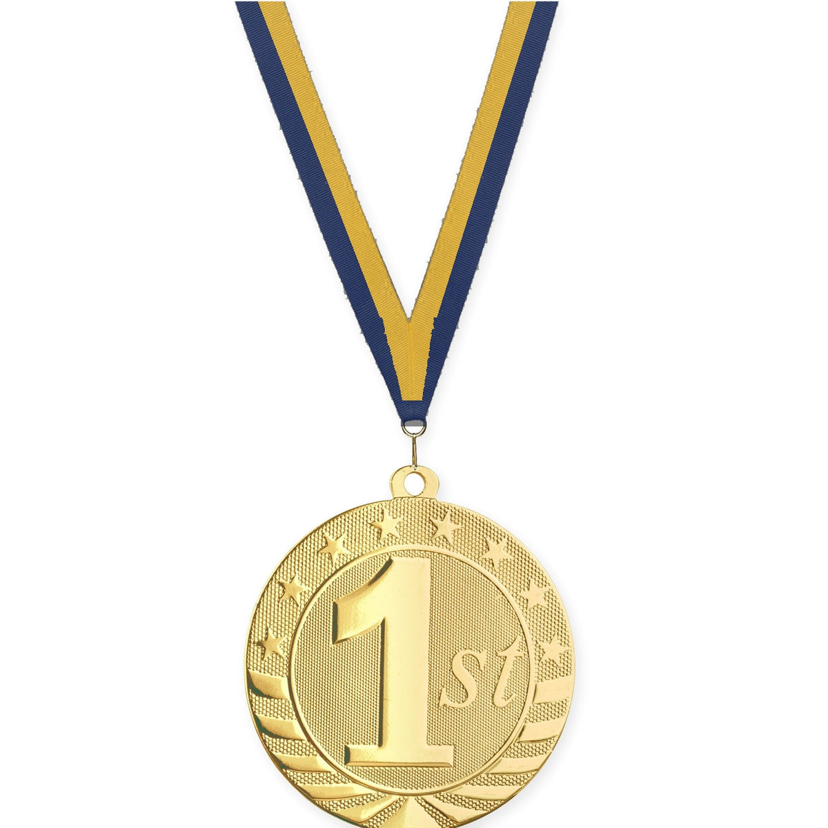 2 3/4 inch Place Starbrite medal in gold - 1st place with Navy Gold neck ribbon