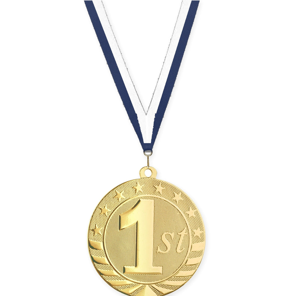 2 3/4 inch Place Starbrite medal in gold - 1st place with Navy White neck ribbon