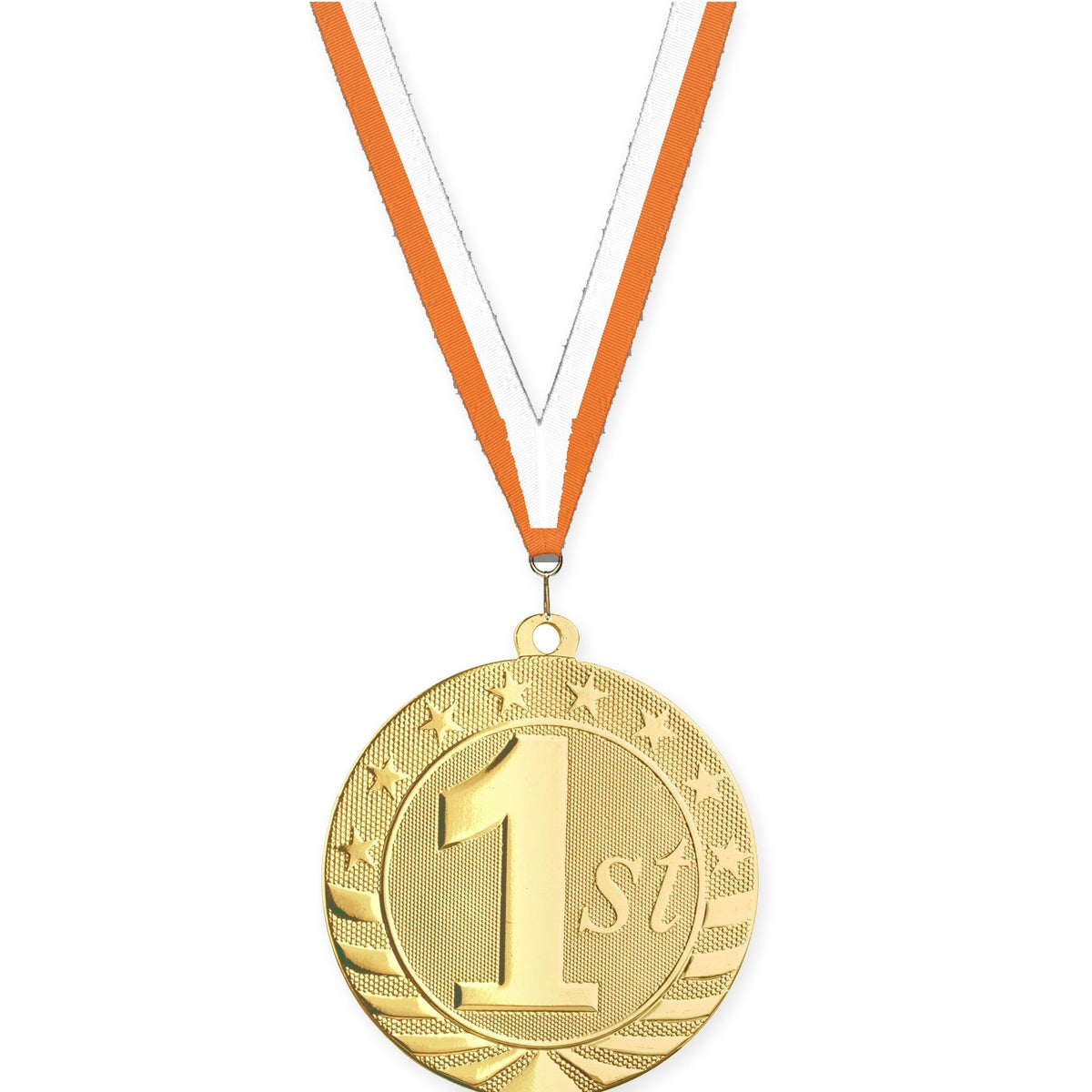 2 3/4 inch Place Starbrite medal in gold - 1st place with Orange White neck ribbon